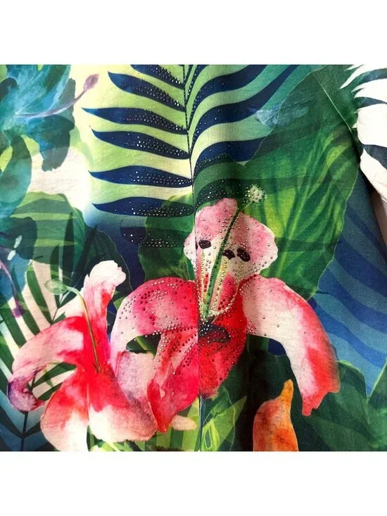 Laura Scott Womens XL Floral Jungle Print Rhinestone Short Sleeve Top Resort - Picture 3 of 6